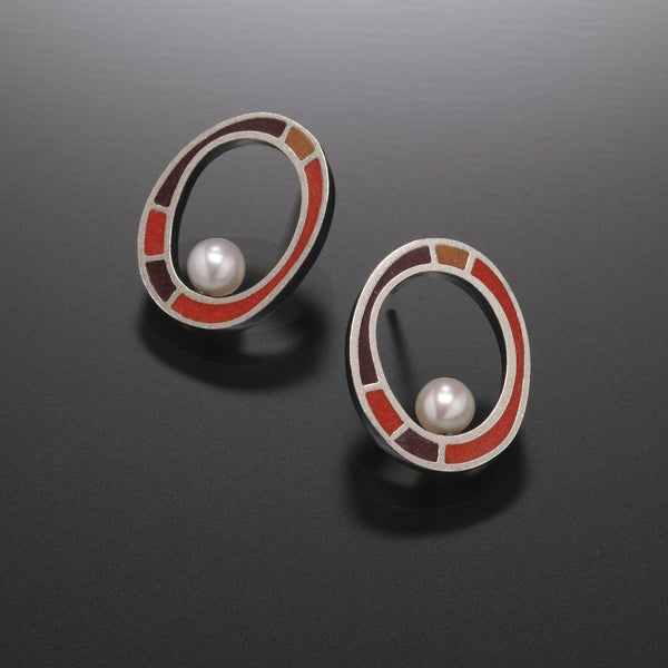 Oval Earrings with Pearl (red) - Kinzig Design Studios